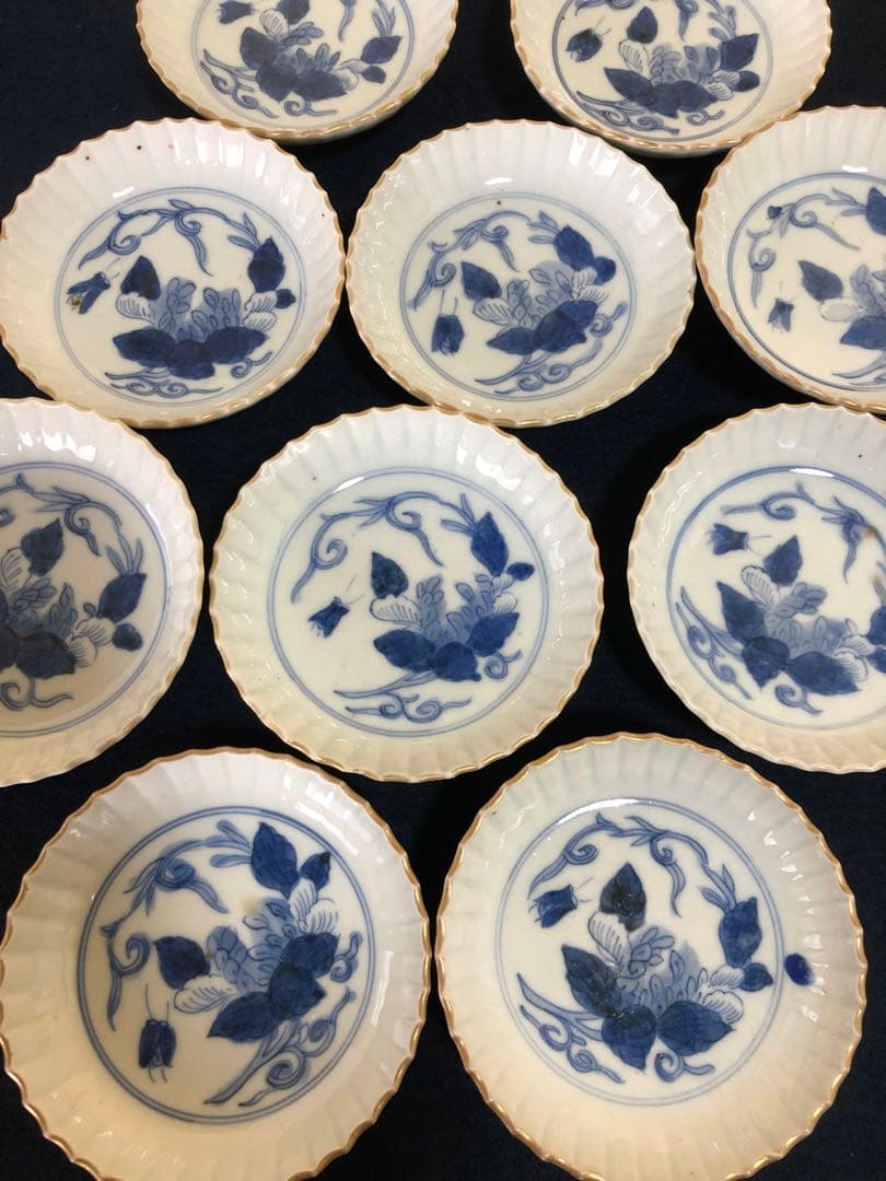 割引❗️《レ》幕末 伊万里 染付 豆皿10客 口縁輪花しのぎ手 1f