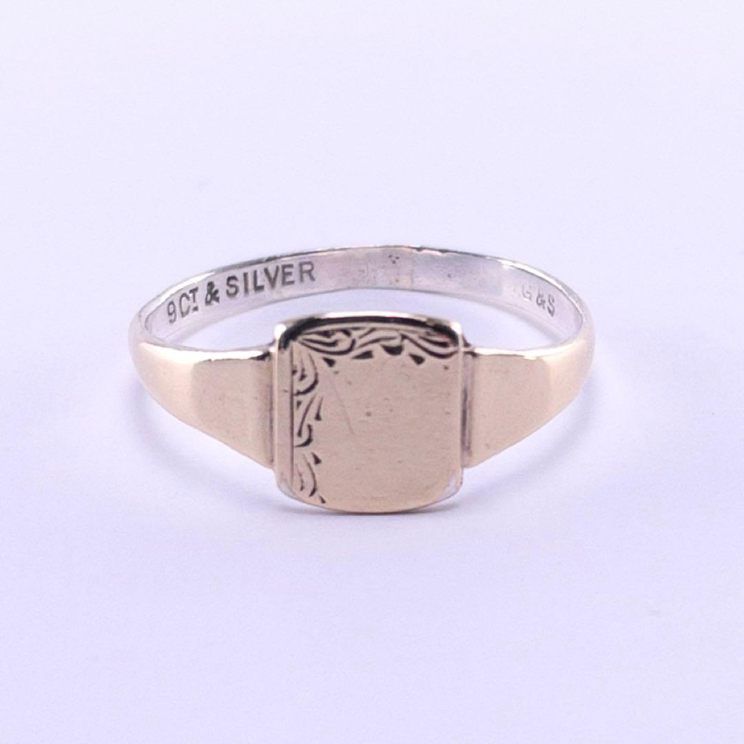 英国製 9金 シルバー925 30s ヴィンテージ シグネットリング 14号