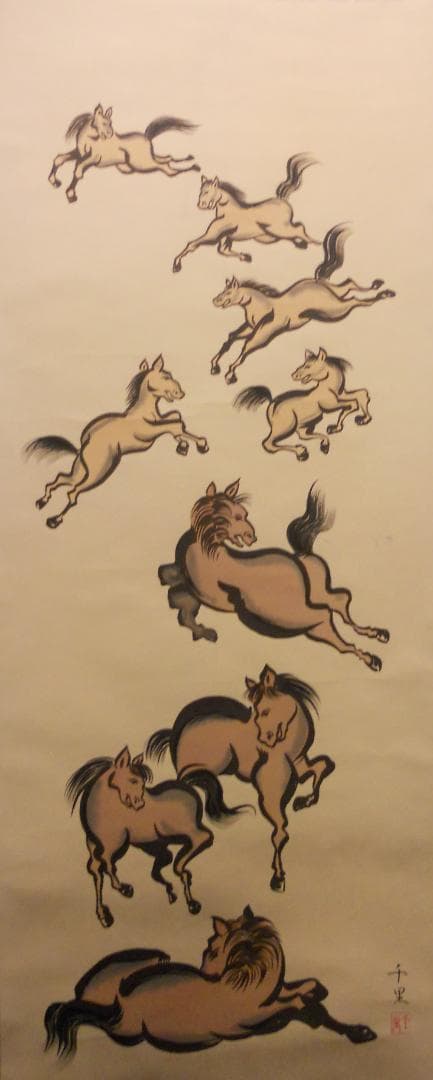 掛け軸 千里 作 九頭馬 九馬図 絹本 希少 軸装 茶道具 掛軸 美品 です。 掛け軸 翆城 山水夏画 絹本 希少 軸装 茶道具 掛軸 美品 です。