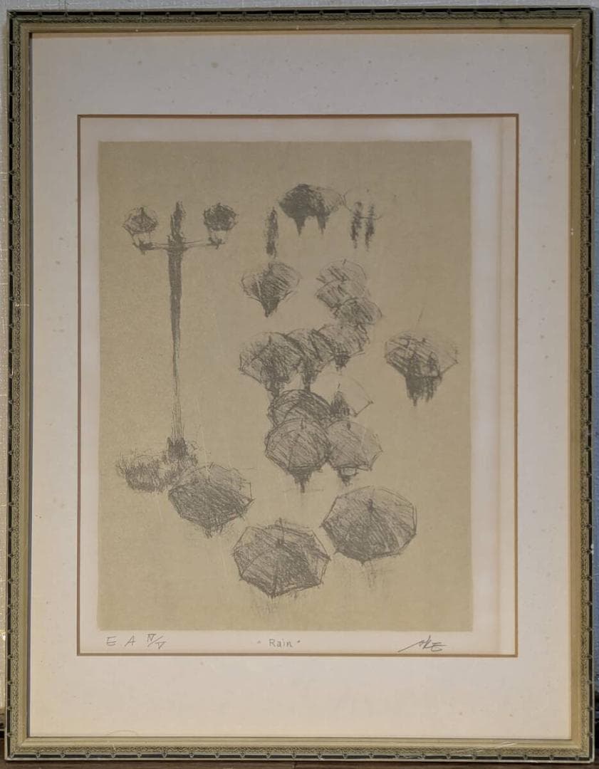 【真作】版画　リトグラフ　Rain　傘と街灯の情景　現代版画作品　Z94