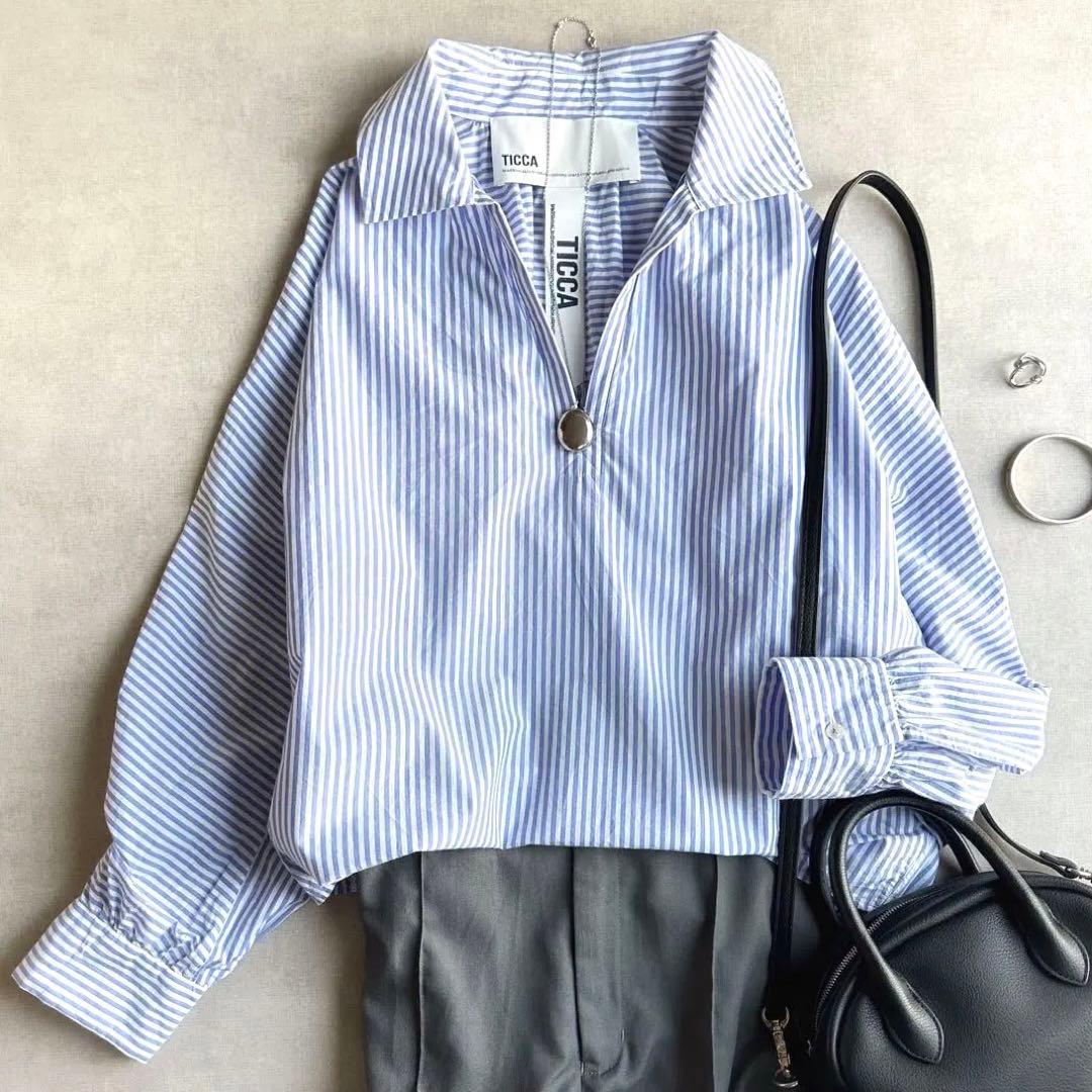 美品▲TICCA //ブルーストライプ長袖シャツ▲スキッパー プルオーバー