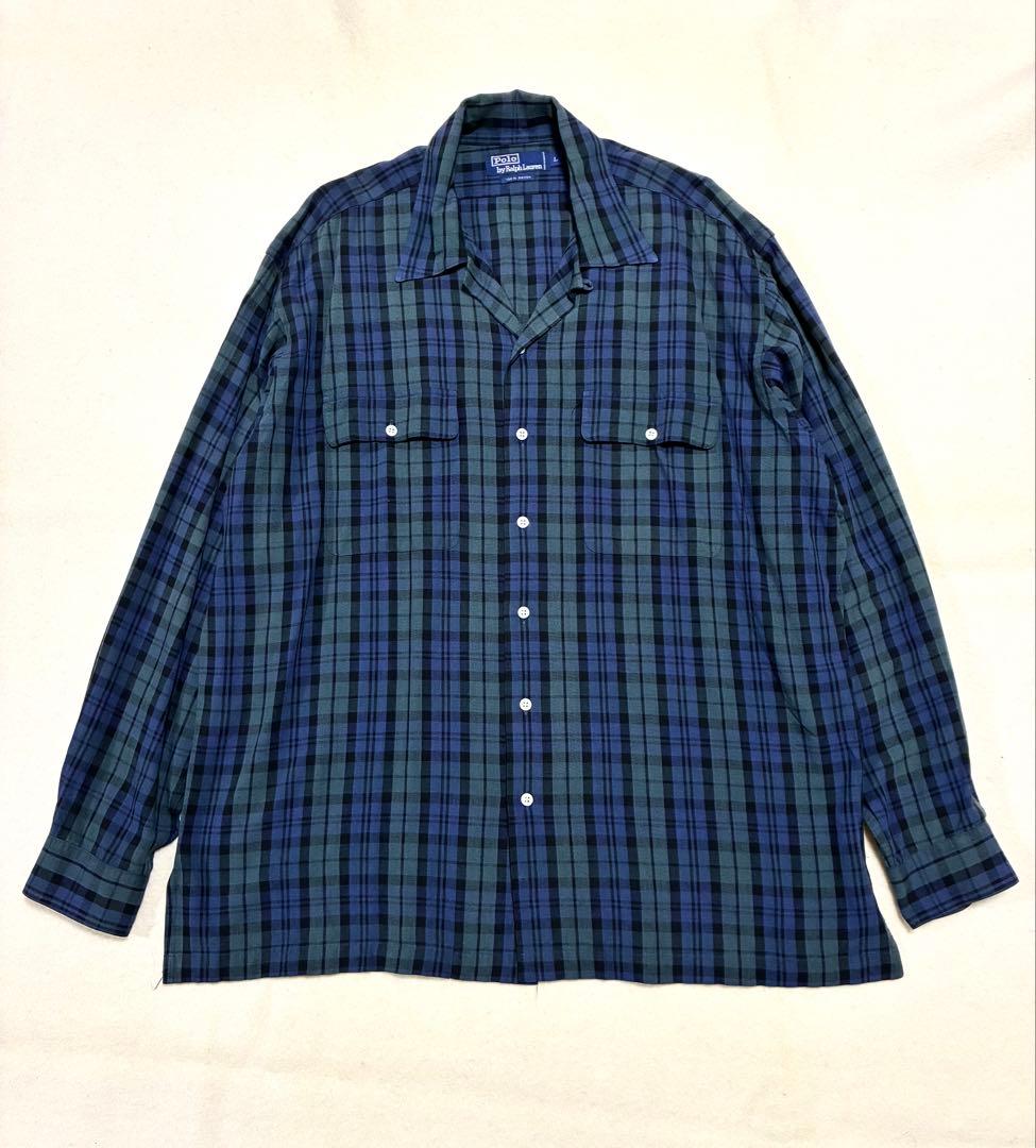 ラルフローレン オープンカラー シャツ レーヨン ボックス ブラックウォッチ L