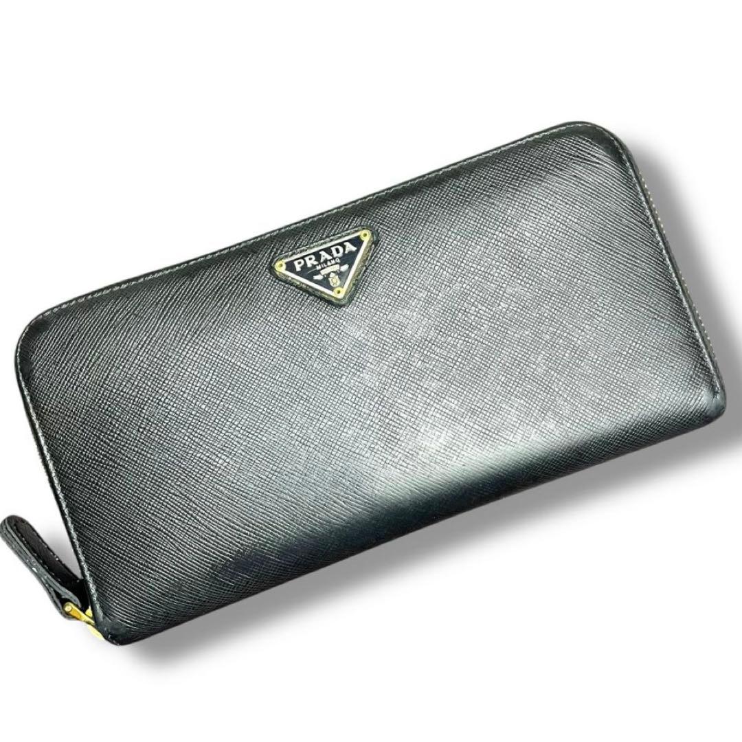 【高級】PRADA プラダ　ラウンドジップ　長財布　レザー　黒　三角ロゴ