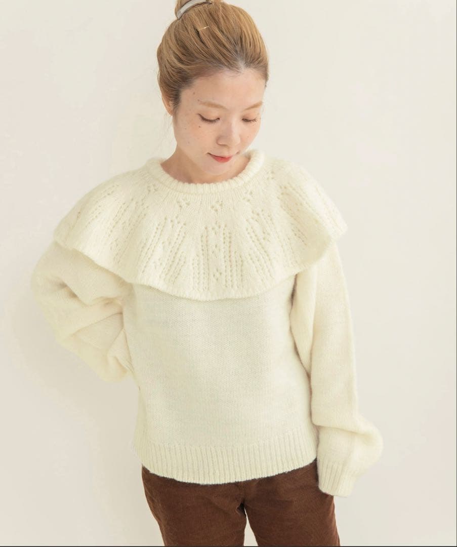 1/3Wool 透かし編みケープ襟プルオーバー