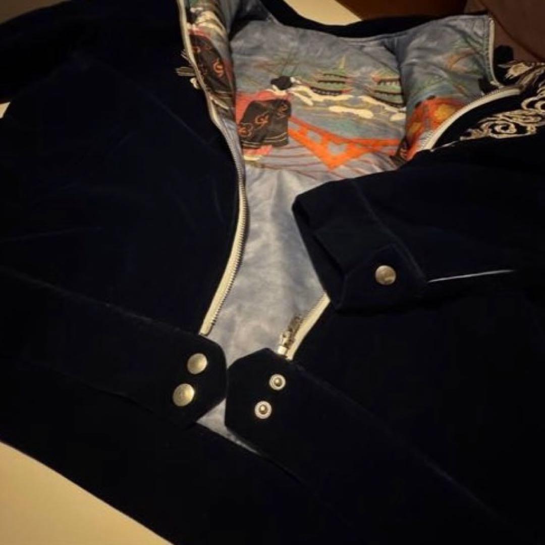 中綿ブルゾン】刺繍ドラゴンと鷲のベルベットジャンパー ネイビーXXL