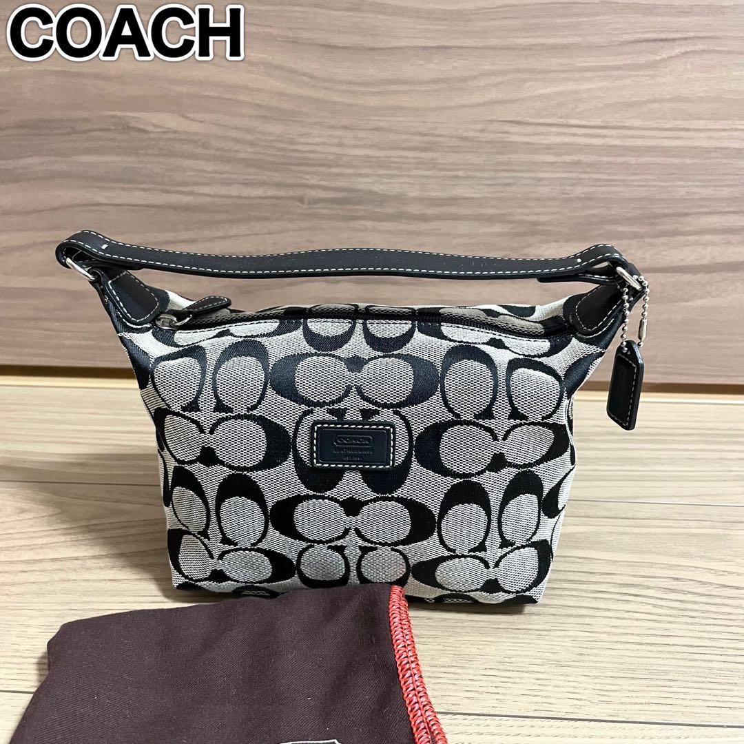 未使用/コーチ　アクセサリーポーチ　シグネチャー　ブラック　キャンバス　レザー