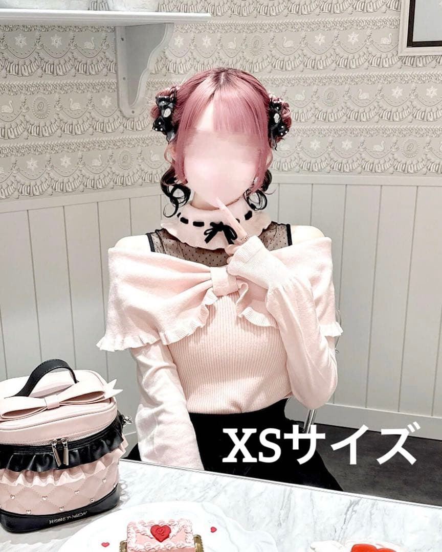 新品 HONEYMEW ドットチュール肩あきリボントップス ピンク XSサイズ