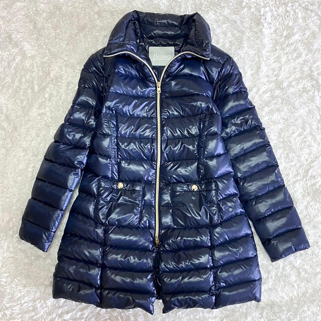 美品 ヘルノ ダウン コート ネイビー ゴールドジップ 金ボタン - メルカリ