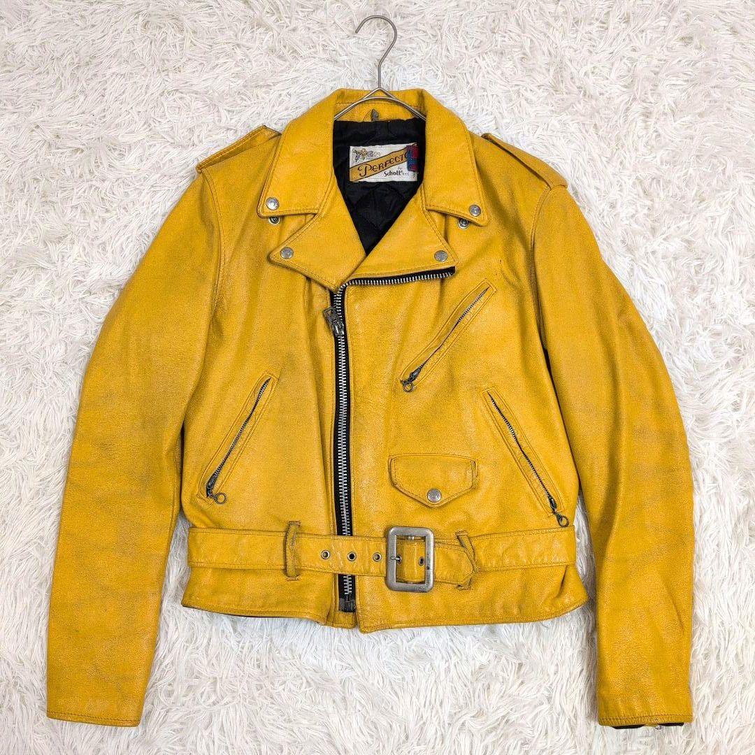 希少 Schott ショット レザー ライダースジャケット ダブル 黄色 38