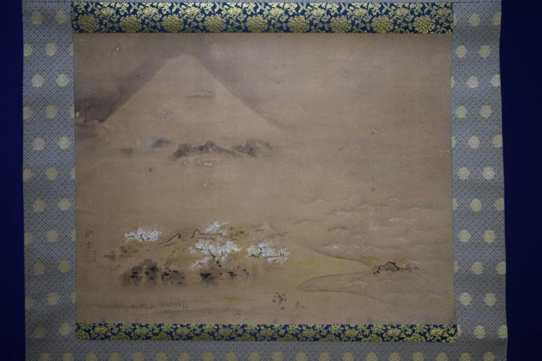 真作/田中納言/春/富士山と海岸の人家/布袋屋掛軸HH-98