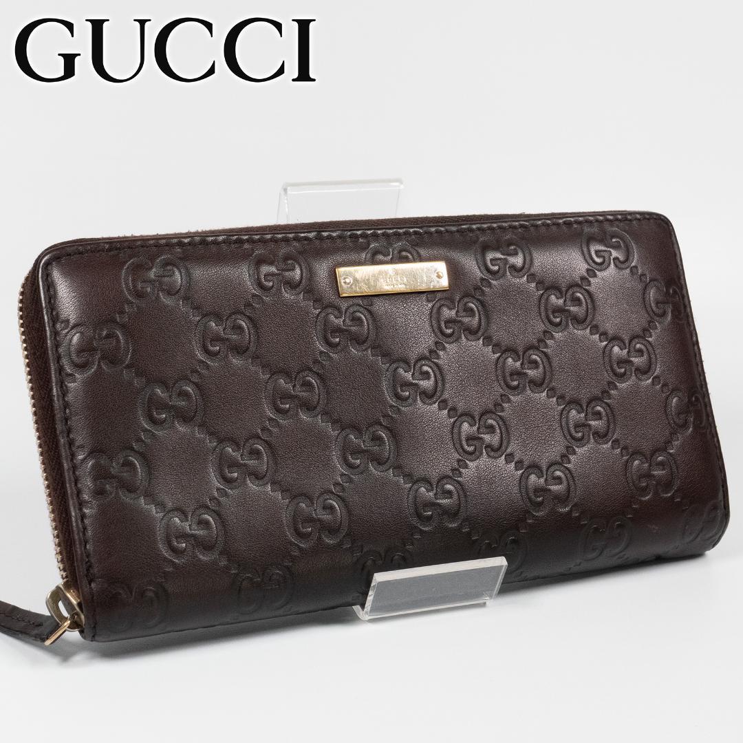 美品✨グッチ 長財布 ラウンドファスナー シマ GG型押し レザー ブラウン