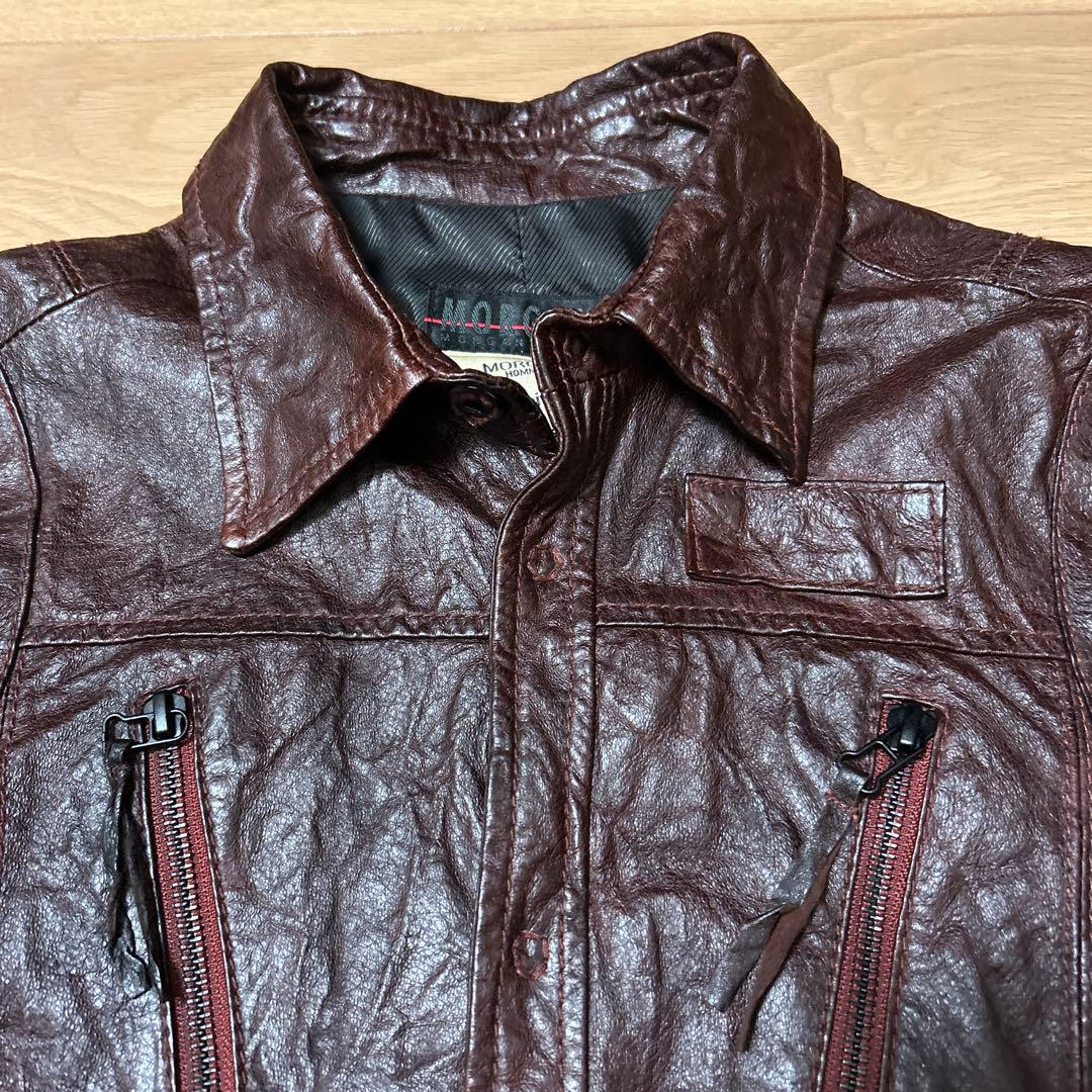 MORGAN HOMME 豚革 シワ加工シングルライダースレザージャケット