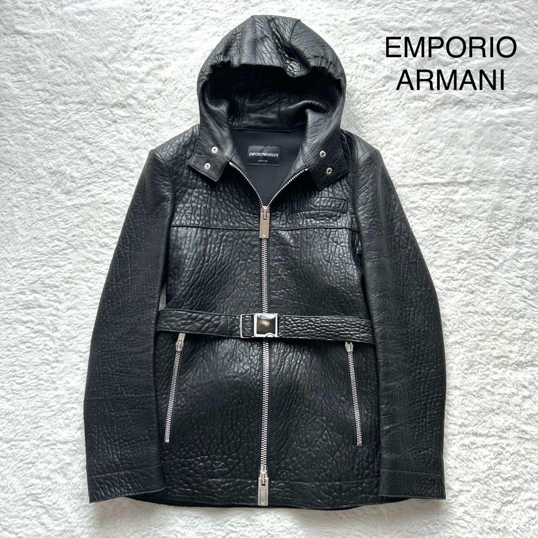 【美品】EMPORIO ARMANI羊革 黒タグ フード ベルト付き レザー44