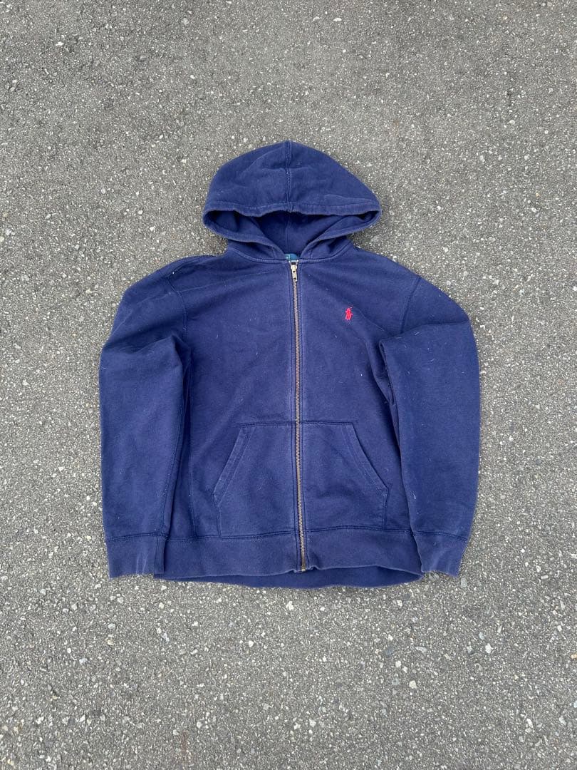 90s rallph lauren ジップパーカー　ネイビー　短丈　フェード
