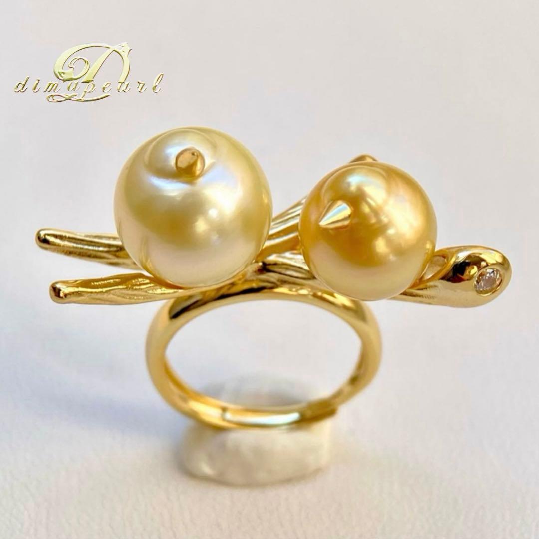本真珠南洋白蝶真珠シャンパンとゴールド「鳥と枝」s925リングY1044