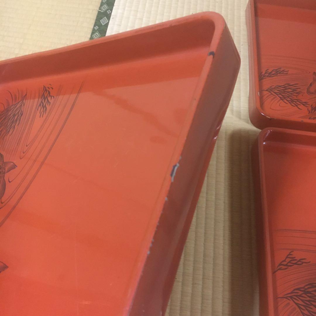 時代物 朱漆会席膳 漆器懐石膳 5客 鯉図 明治期 アンティーク 骨董