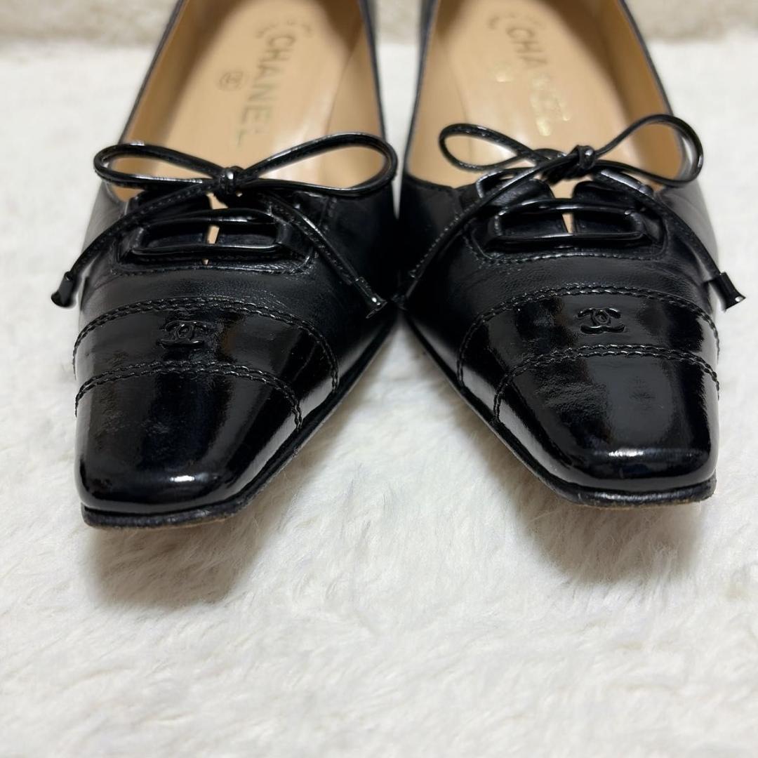 極美品 CHANEL ココマーク スクエアトゥブラックパンプス レザー 35