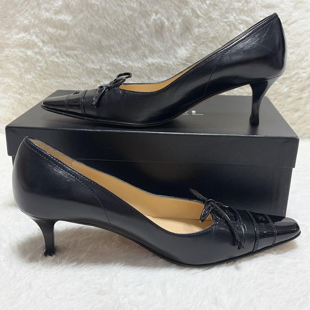 極美品 CHANEL ココマーク スクエアトゥブラックパンプス レザー 35