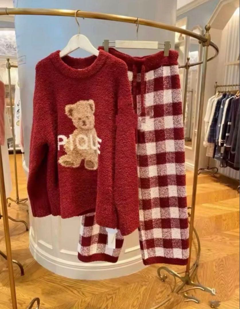 【大人気】ジェラピケ パジャマ ルームウェア 2点セット ふわふわ ワインレッド