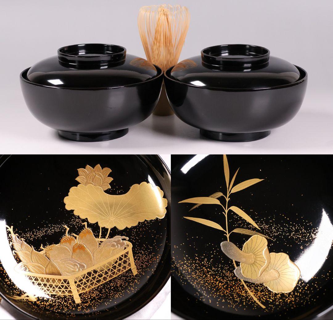 【CM411】天然木漆塗 加賀蒔絵 蓮と野菜金蒔絵 黒煮物椀 二客 漆器 昭和期