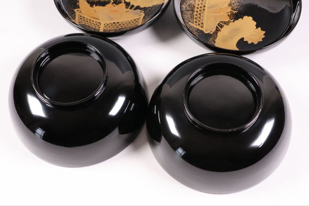 CM411】天然木漆塗 加賀蒔絵 蓮と野菜金蒔絵 黒煮物椀 二