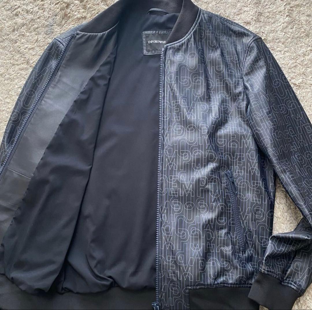 未使用に近い✨エンポリオアルマーニ レザージャケット ロゴ総柄 ブルゾン 黒