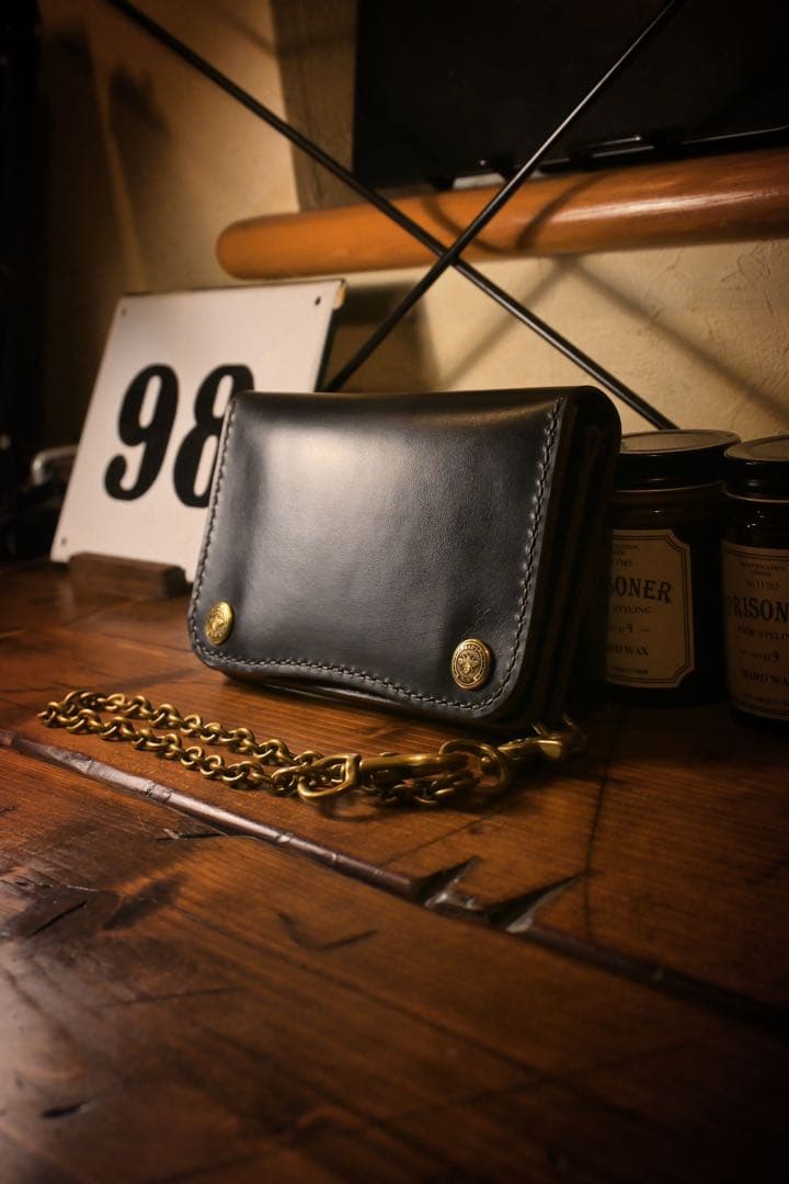 ホーウィン 茶芯 ミドル トラッカーウォレット レザー 革財布 ブラック 長財布