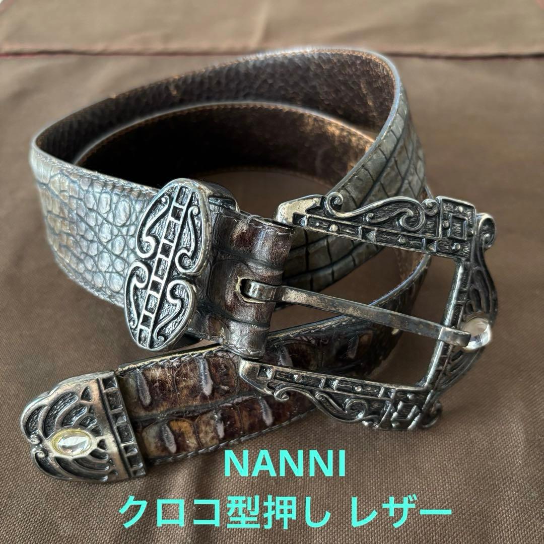 【used】NANNI ナンニ　クロコ型押し　シルバー　レザーベルト　イタリア製 used】NANNI ナンニ クロコ型押し シルバー レザーベルト イタリア製