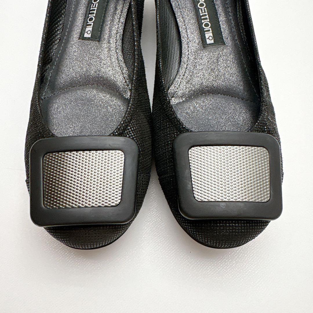 コンポジション9 スクエアバックルパンプス ツイード 黒 シンプル