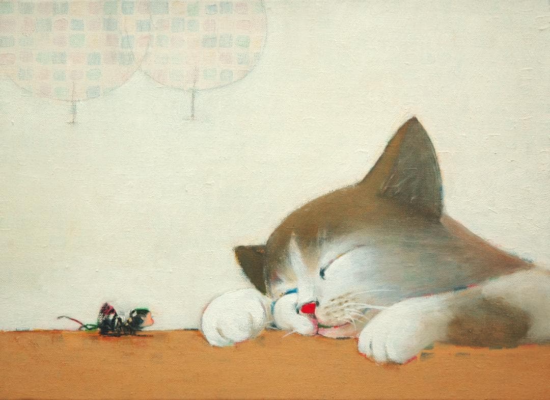 油絵 菅家令子 絵 絵画インテリアF4-072019 子猫と女の子蟻んこちゃん