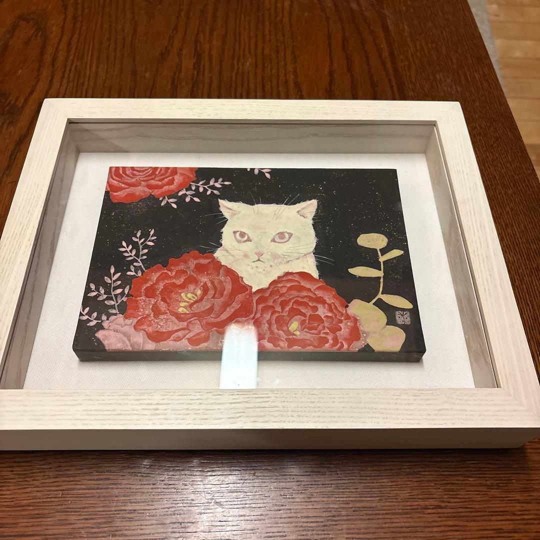 阿部千鶴 SM号 花日 絵画 猫 日本画 本物保証