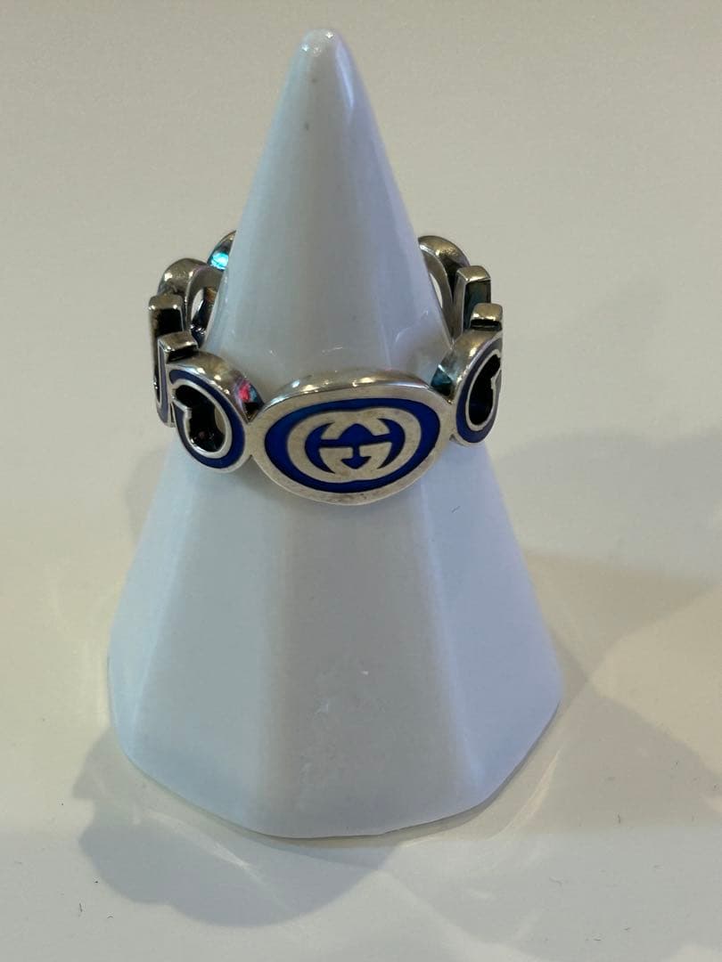 GUCCI シルバー ブルー ロゴリング　18号