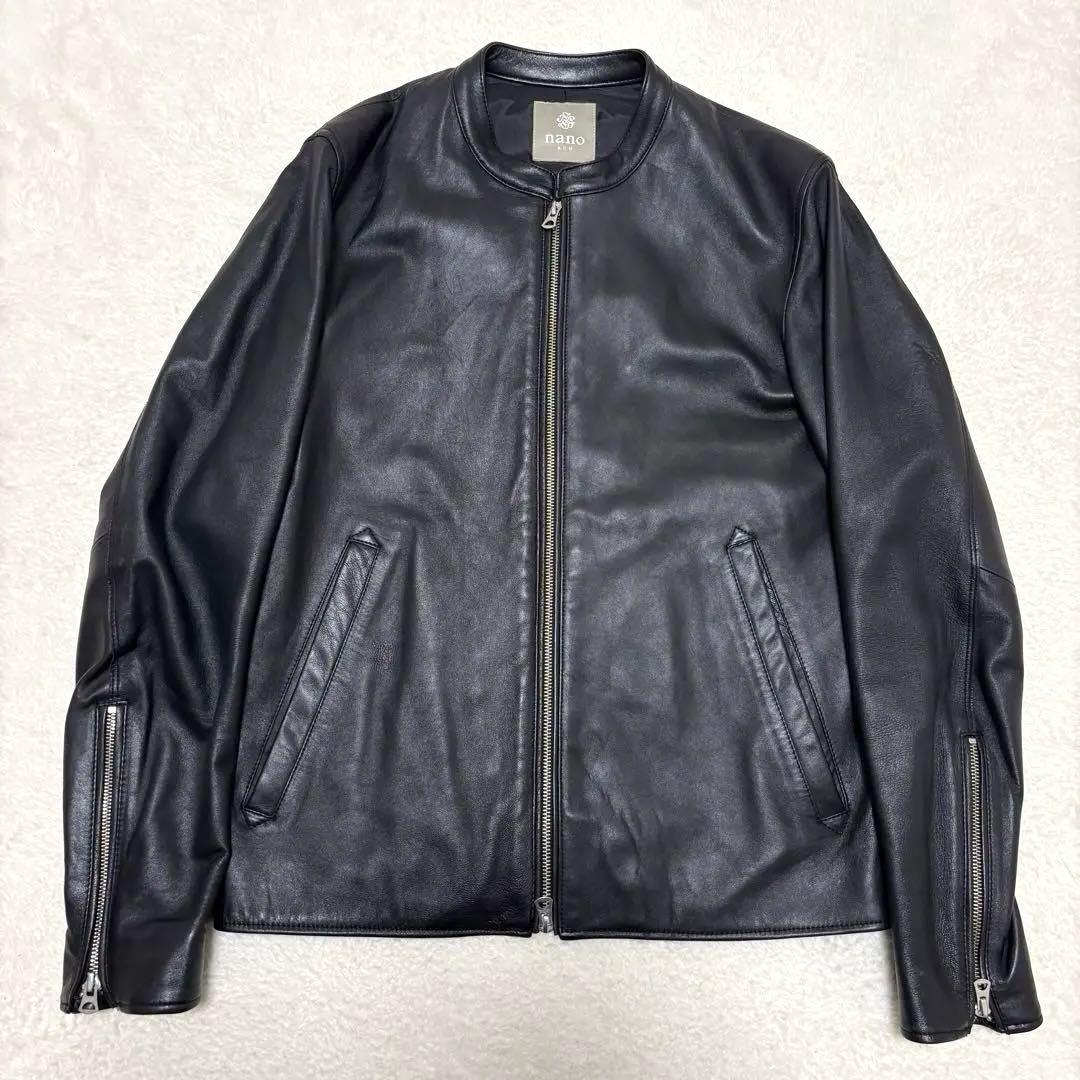 ナノユニバース シングルライダースジャケット 羊革 ラムレザー L ブラック