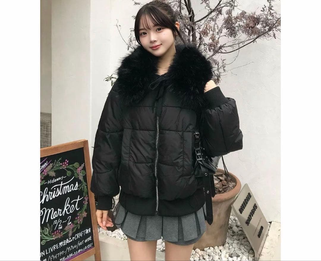 Emmy ブラックファー付きダウンジャケット フリーサイズ