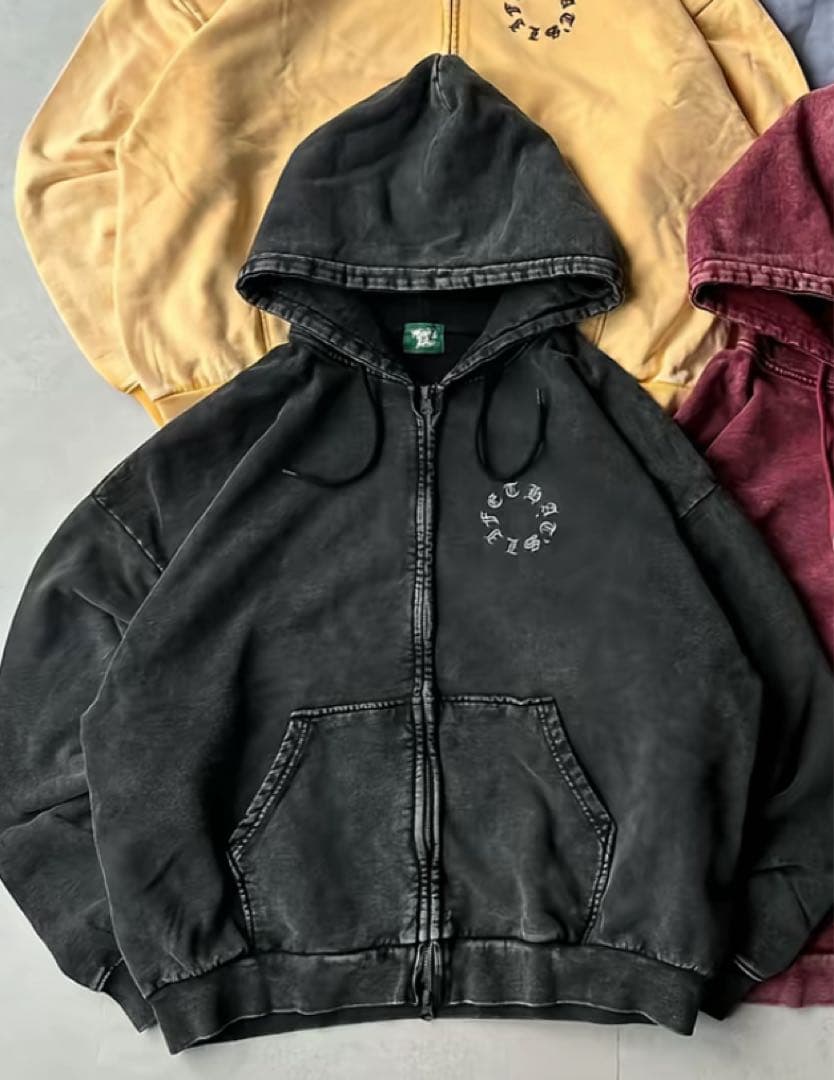 that's lifeブラック ジップアップパーカー プリント HEAVY WEIGHT 12.7oz 'POSTER BOY' LOGO ZIP HOODIE 長袖 パーカー 秋