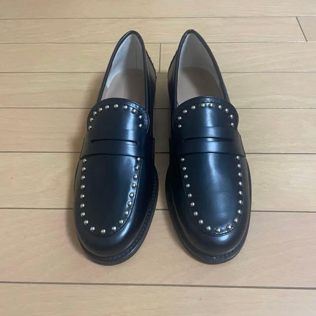 スタッズ付きブラックレザーローファー　24cm 完売モデル 予約販売】レザーシューズ メンズ ローファー スタッズ 厚底 シューズ