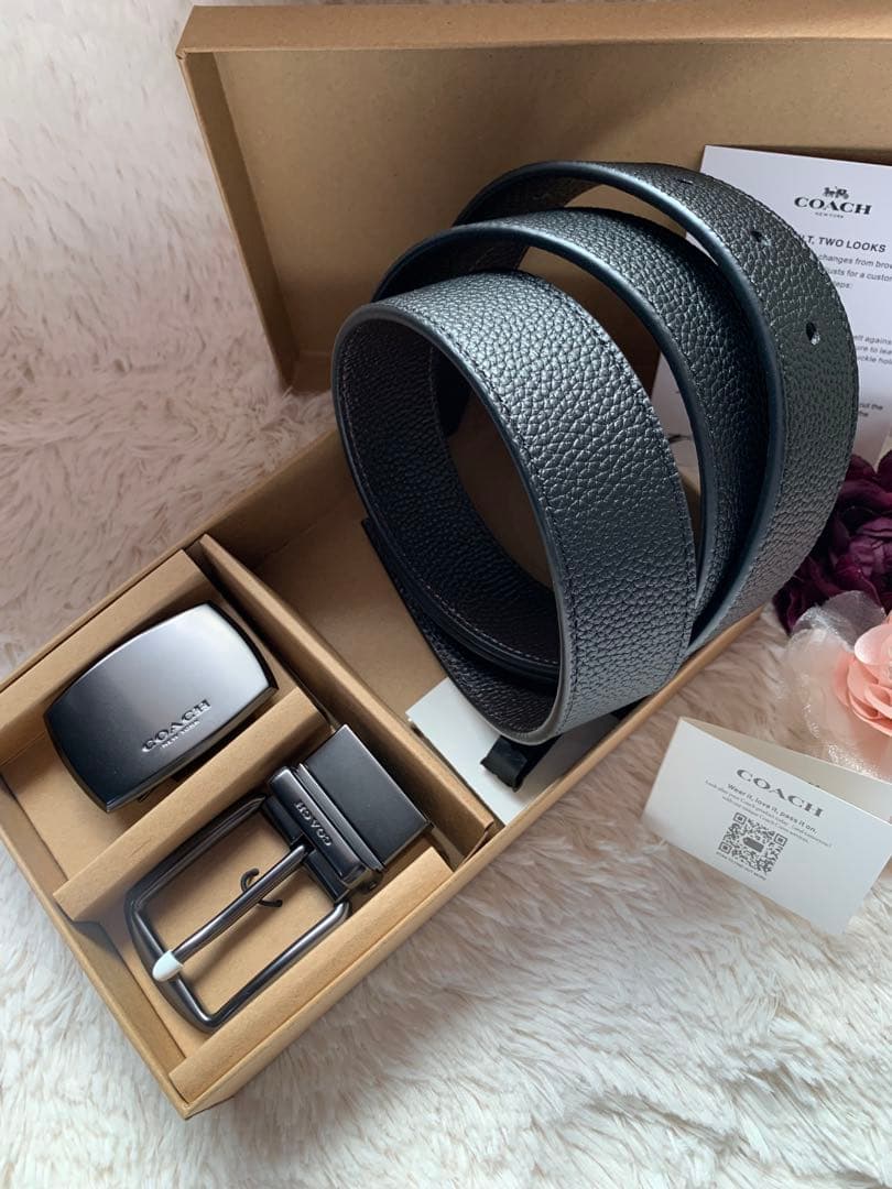 新生活応援☆COACH リバーシブルレザーベルト ブラック ダークブラウン