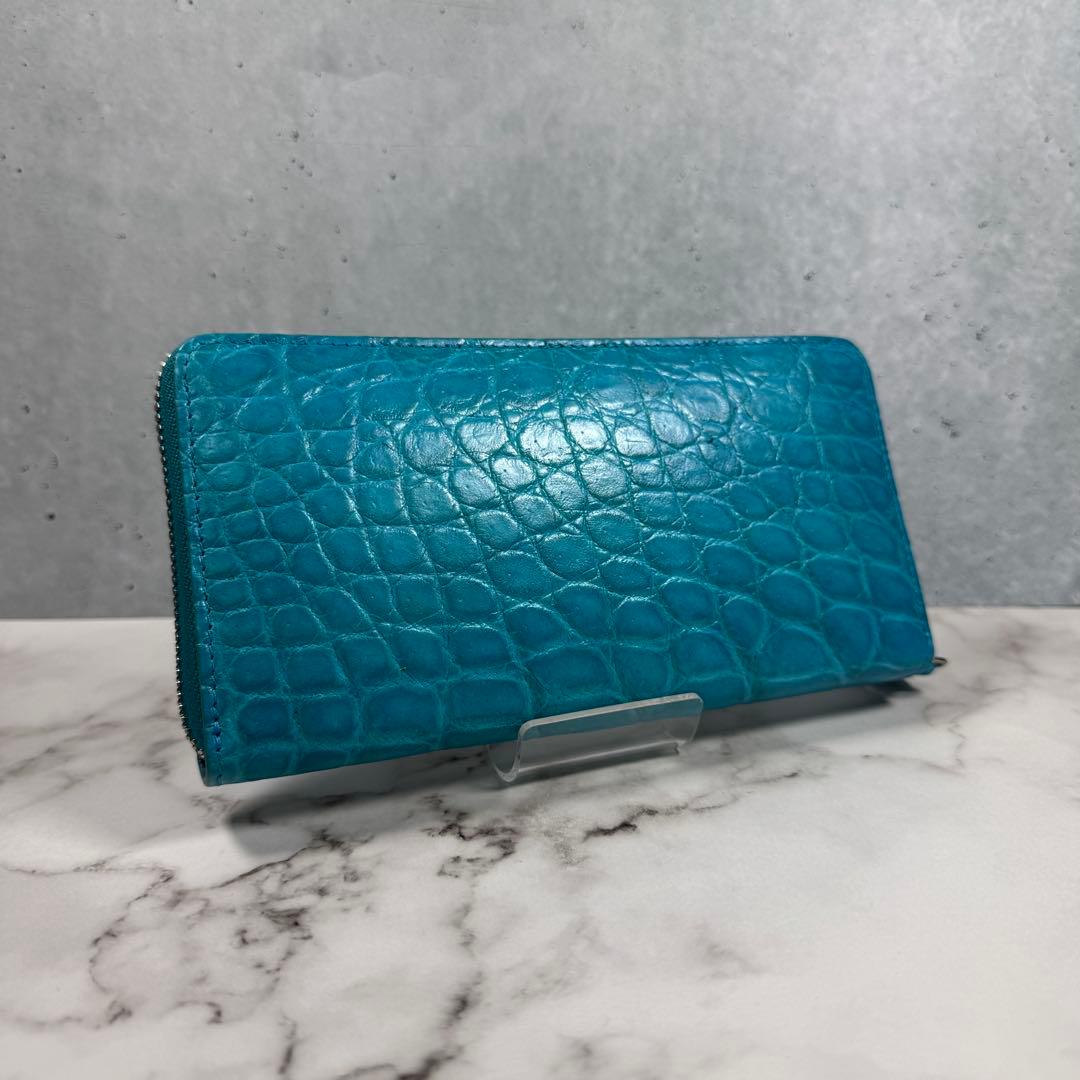 クロコダイル 長財布 ターコイズブルー マット仕上げ シルバーファスナー 新品 クロコダイル長財布 シャイニング加工 クロコ財布 ワニ革