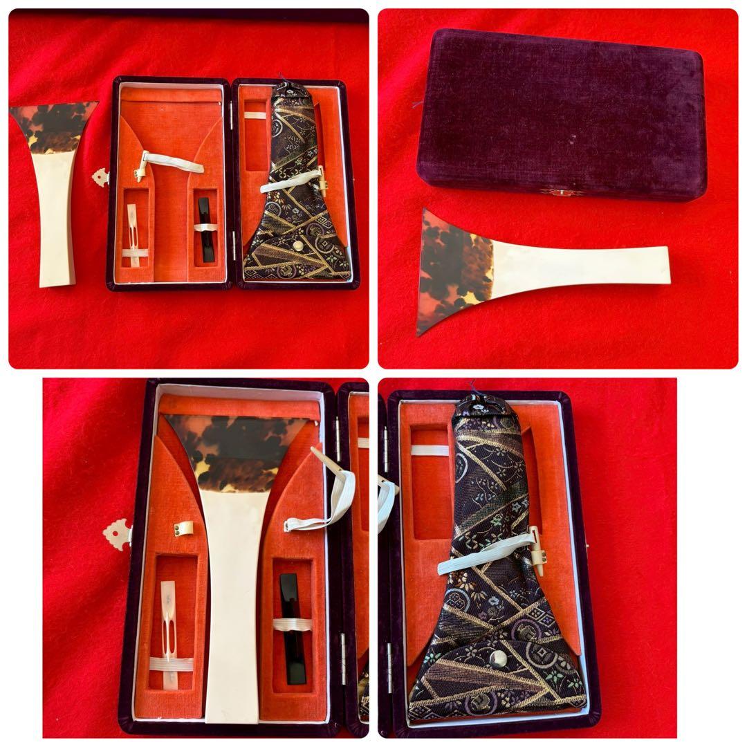 中棹 長唄三味線 紅木 金細 三つ折り 子持ち綾杉胴 犬皮 両面 ハード