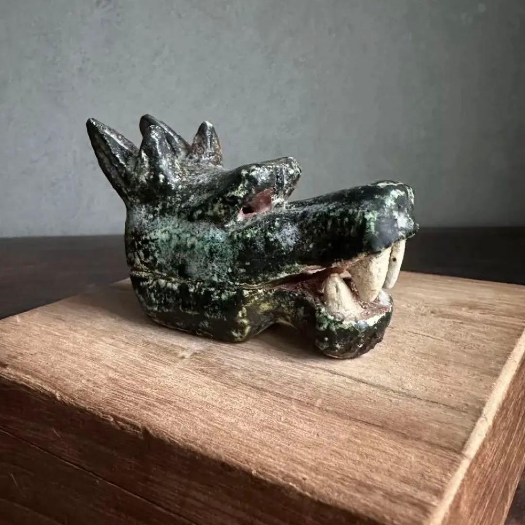 【珍品】美濃焼 織部焼 香道具 龍の頭型香合  龍頭香合 陶印あり 骨董 美濃焼伝統工芸品協同組合 | 志野香合