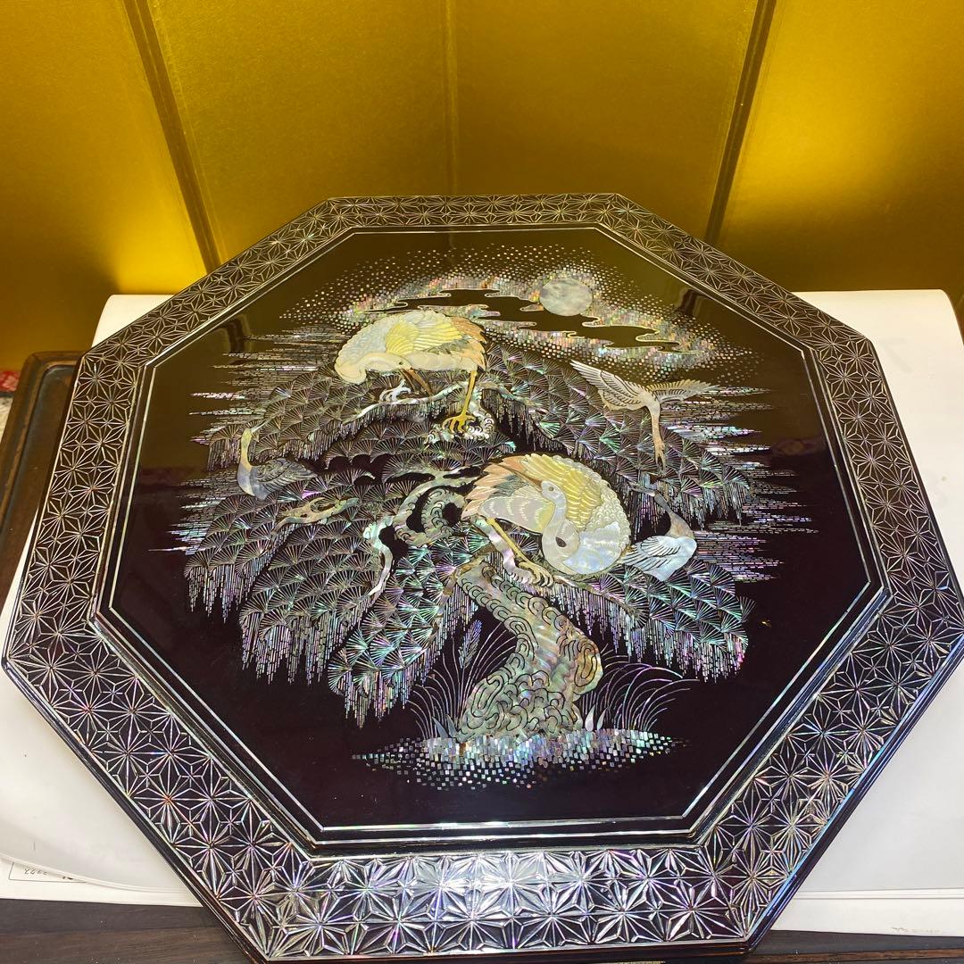 螺鈿細工，八角形 漆器 菓子器 鶴と松のデザイン