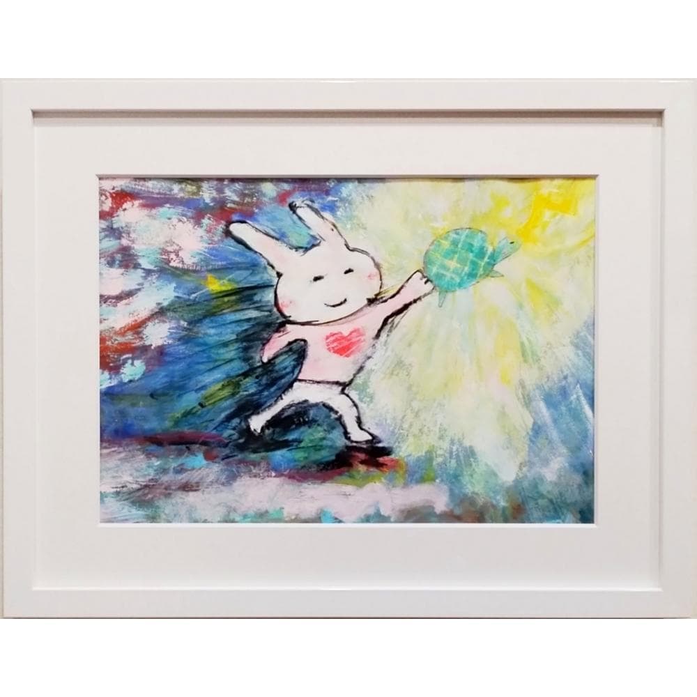 内野隆文　カミナリ　うさぎ　亀　絵画　ドローイング　現代美術　額付　真作 無題」 キャンバスにアクリル * 絵画 現代アート 抽象画 宇宙 内野隆文