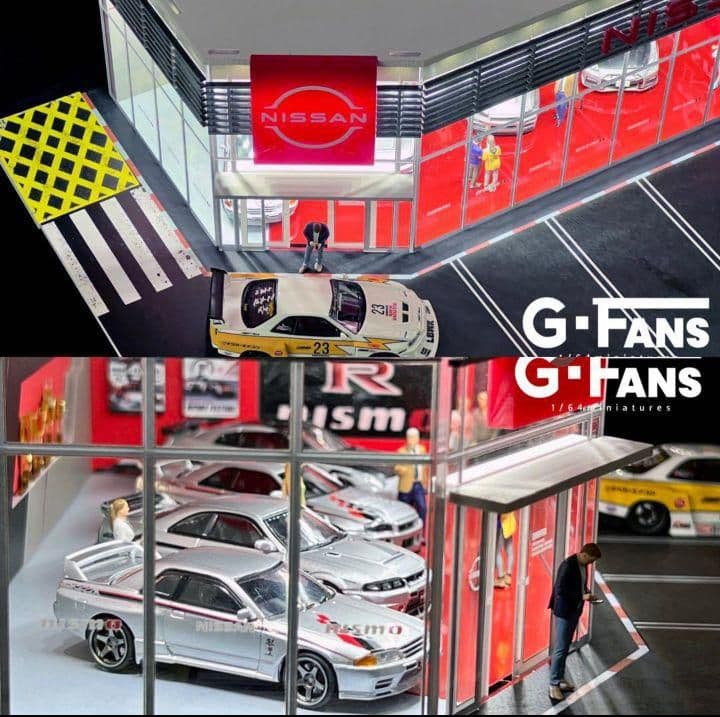 ◉1/64ジオラマ2点セット【シェルGS➕日産ショールーム】（LED付）《新品》