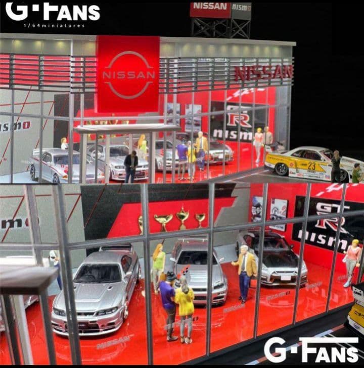 ◉1/64ジオラマ2点セット【シェルGS➕日産ショールーム】（LED付）《新品》