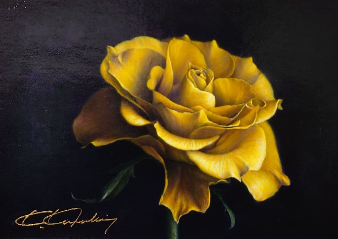 黄色いバラ 油彩画　写実絵画　　静物画