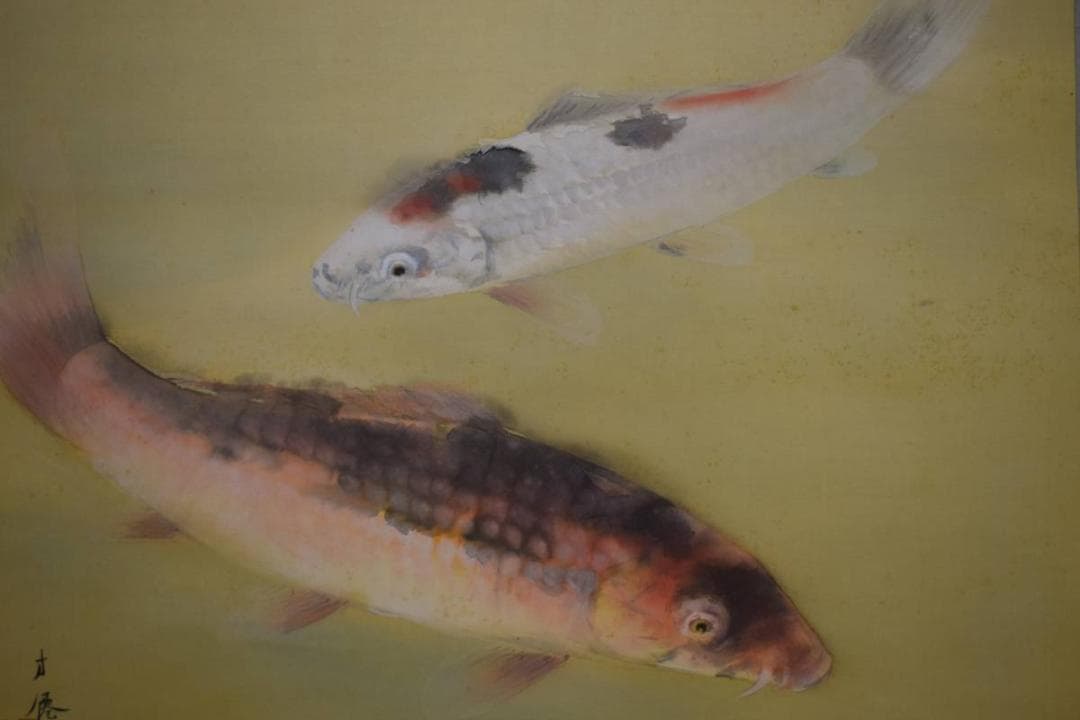 真作/東原方僊/遊鯉図/絹表装/桐共箱二重箱付/布袋屋掛軸HE-590