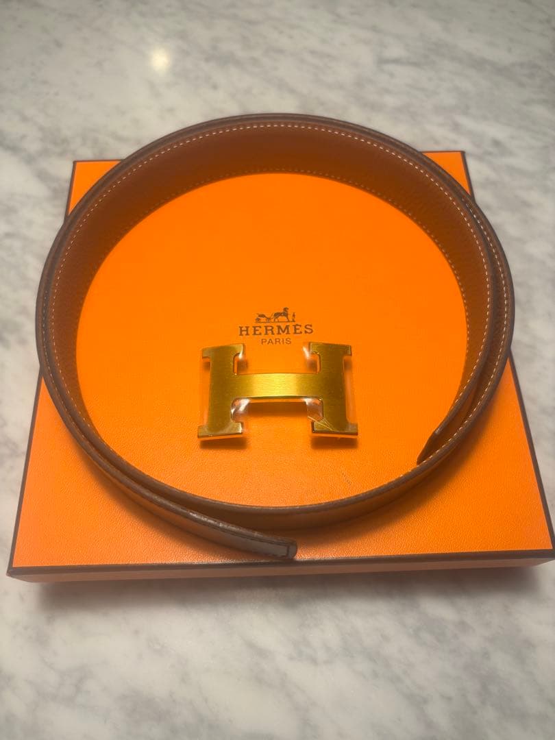 HERMES ブラック/ブラウンレザーベルト 90H型バックル