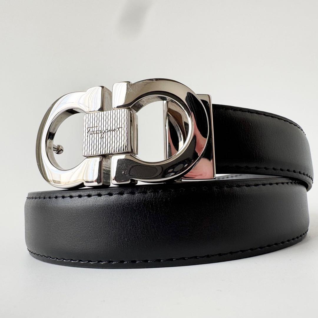 【未使用級】フェラガモ ベルト ダブルガンチーニ レザー　ブラック　シルバー