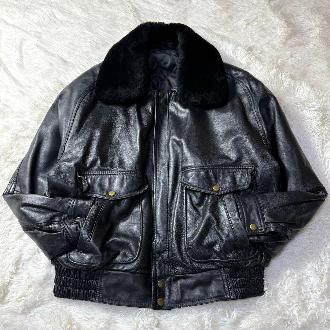 【90s】G-1 ブラックレザー フライトジャケット M 特大ムートン襟ボア