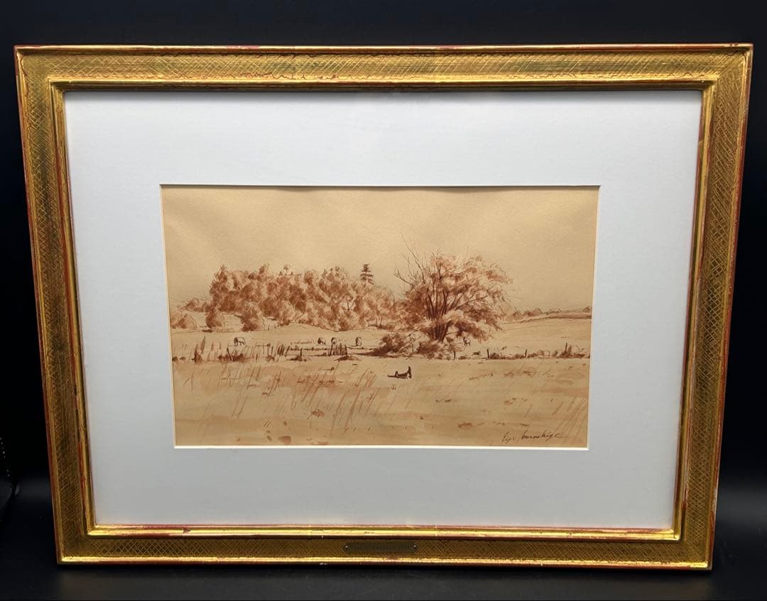 【希少品】倉重栄二 「チャーチタウンの牧場」1991年　風景画　リアリズム傑作